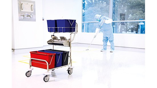 Klercide triple bucket mopping trolley in a cleanroom