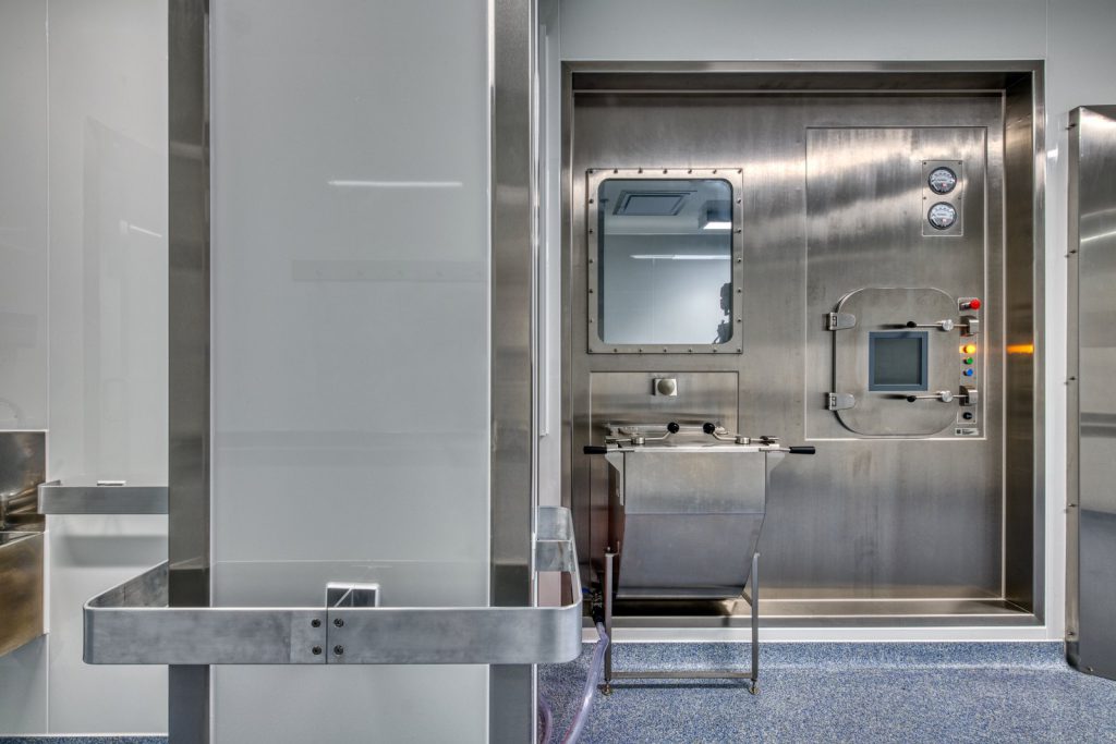 PBSC decontamination hatch installed in a cleanroom wall